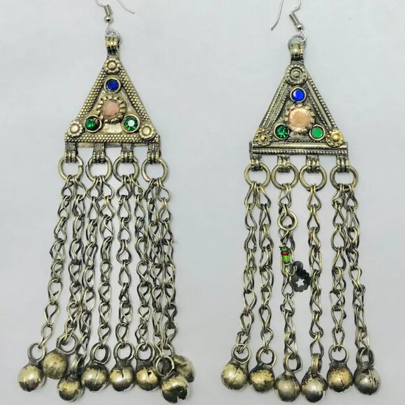 Vintage Long Bells Earrings, Silver Kuchi Boho Jewelry, Handmade Kuchi Earrings - Picture 3 of 7